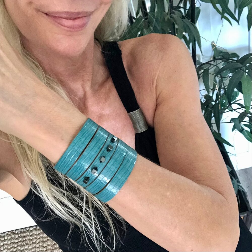 Handmade Mishagirl Wide Turquoise Beaded Leather Cuff Bracelet